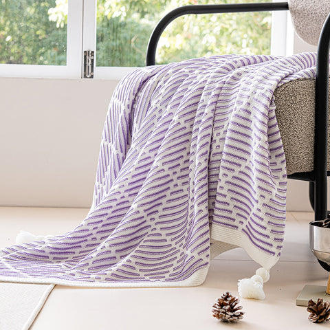 Geometric Diamond Knitted Acrylic Tassel Throw Blanket Rug 130 x 150cm Purple Beige