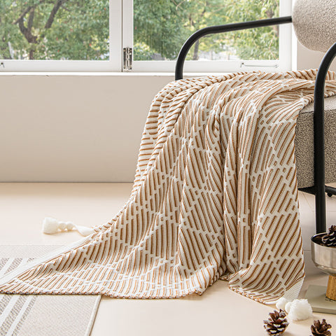 Geometric Diamond Knitted Acrylic Tassel Throw Blanket Rug 130 x 150cm Brown Beige