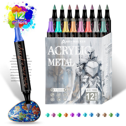 12 Colour Dual Fine Chisel Tip Metallic Acrylic Paint Pens Markers Rock Painting Craft
