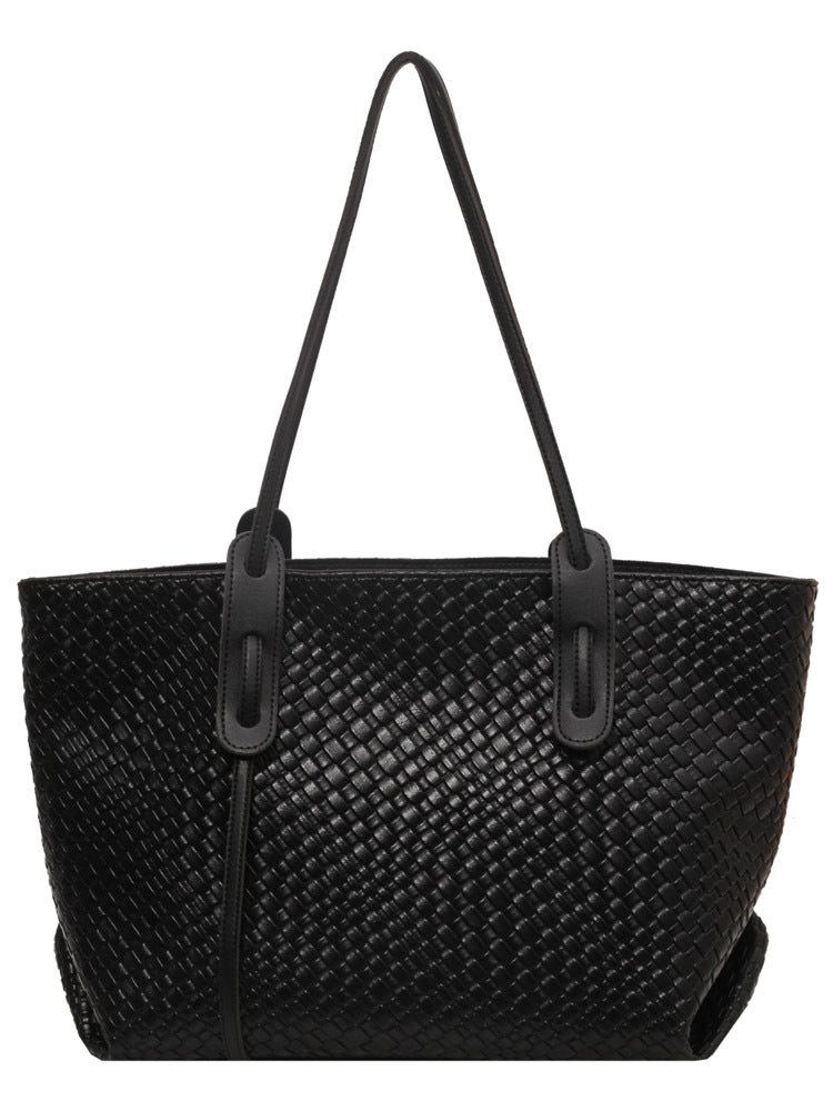Woven Look Faux PU Leather Tote Shoulder Bag Handbag Zip Closure Black