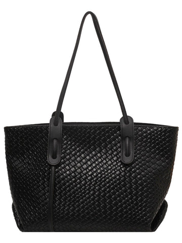 Woven Look Faux PU Leather Tote Shoulder Bag Handbag Zip Closure Black