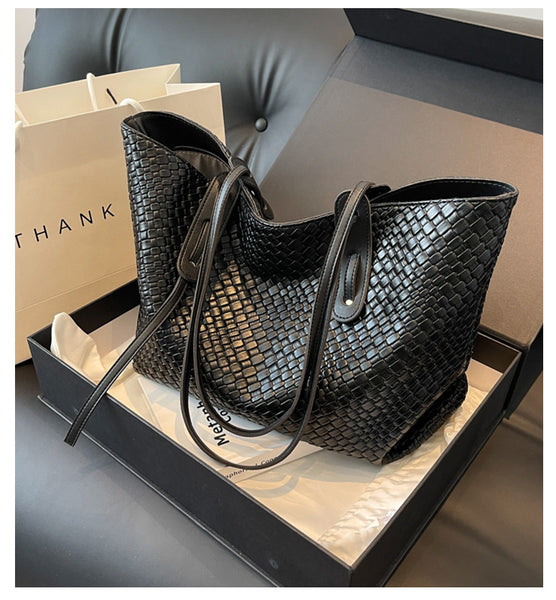 Woven Look Faux PU Leather Tote Shoulder Bag Handbag Zip Closure Black
