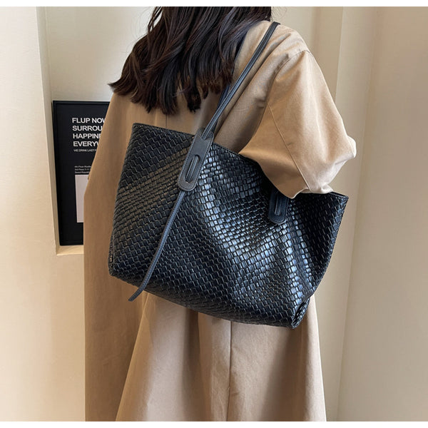 Woven Look Faux PU Leather Tote Shoulder Bag Handbag Zip Closure Black