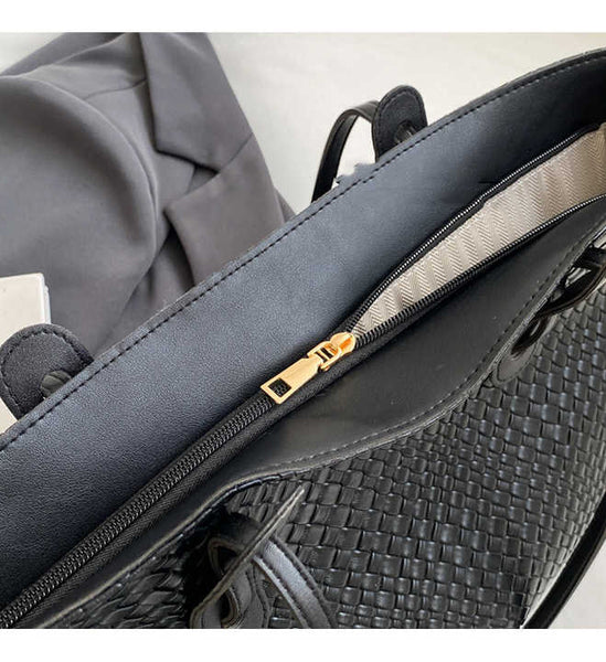 Woven Look Faux PU Leather Tote Shoulder Bag Handbag Zip Closure Black