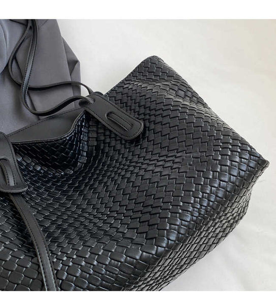Woven Look Faux PU Leather Tote Shoulder Bag Handbag Zip Closure Black