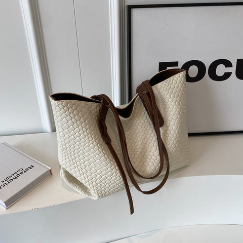 Woven Look Faux PU Leather Tote Shoulder Bag Handbag Zip Closure Beige Brown
