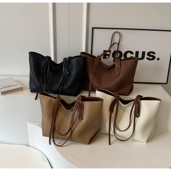 Woven Look Faux PU Leather Tote Shoulder Bag Handbag Zip Closure Beige Brown