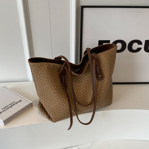 Woven Look Faux PU Leather Tote Shoulder Bag Handbag Zip Closure Khaki Brown