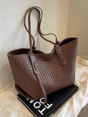 Woven Look Faux PU Leather Tote Shoulder Bag Handbag Zip Closure Brown