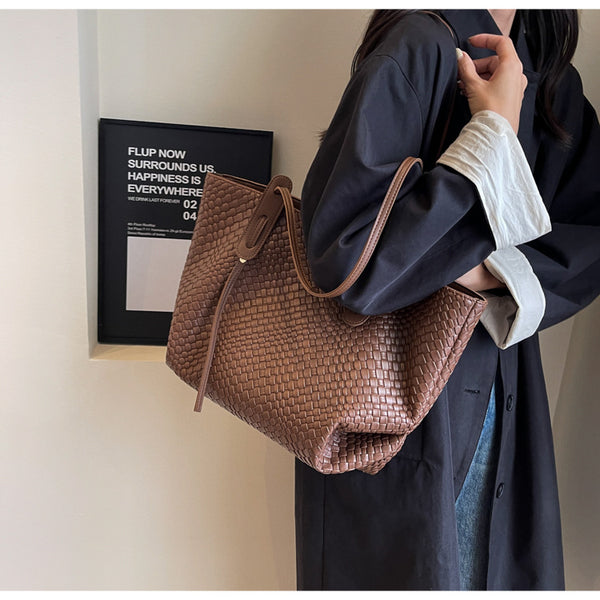Woven Look Faux PU Leather Tote Shoulder Bag Handbag Zip Closure Brown