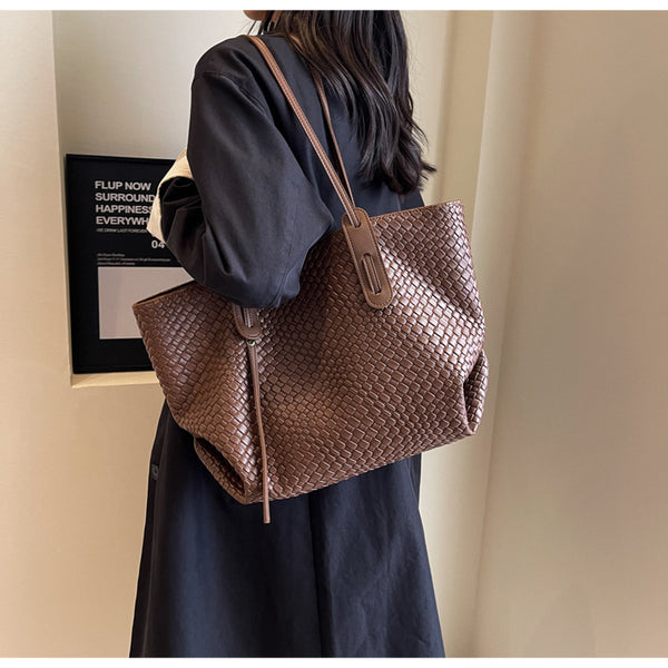 Woven Look Faux PU Leather Tote Shoulder Bag Handbag Zip Closure Brown