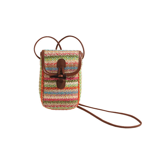 Woven Straw Crossbody Shoulder Phone Pouch Bag Toggle Closure Multicolour Stripe