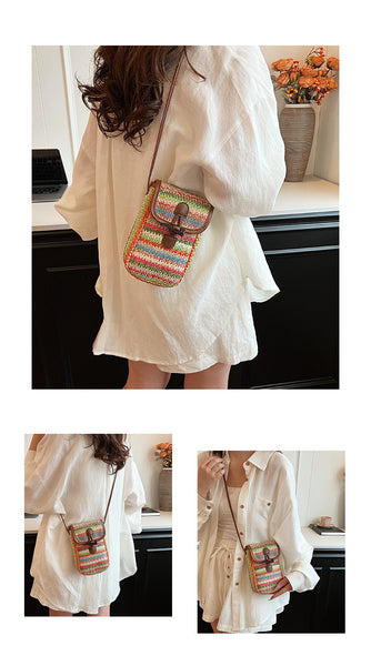 Woven Straw Crossbody Shoulder Phone Pouch Bag Toggle Closure Multicolour Stripe