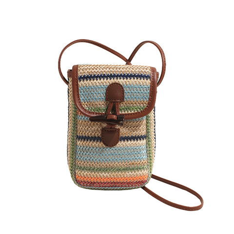 Woven Straw Crossbody Shoulder Phone Pouch Bag Toggle Closure Multicolour Stripe