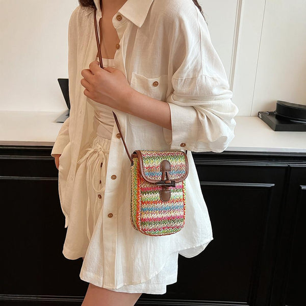 Woven Straw Crossbody Shoulder Phone Pouch Bag Toggle Closure Multicolour Stripe
