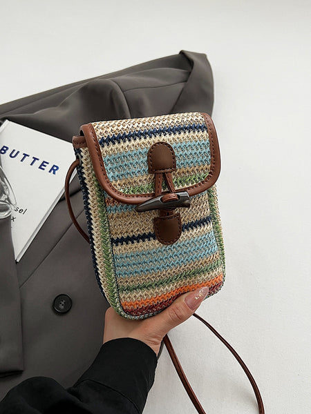 Woven Straw Crossbody Shoulder Phone Pouch Bag Toggle Closure Multicolour Stripe