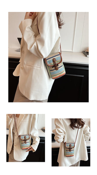 Woven Straw Crossbody Shoulder Phone Pouch Bag Toggle Closure Multicolour Stripe