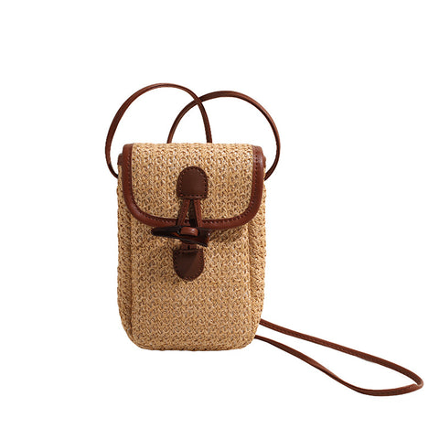 Boho Woven Straw Crossbody Shoulder Phone Pouch Bag Toggle Closure Natural