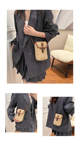Boho Woven Straw Crossbody Shoulder Phone Pouch Bag Toggle Closure Natural