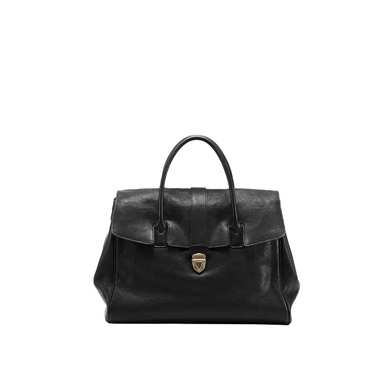 Cowhide Leather Briefcase Tote Bag Handbag Flap Top Multi Pocket Metal Trim Black XL