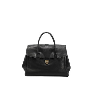 Cowhide Leather Briefcase Tote Bag Handbag Flap Top Multi Pocket Metal Trim Black XL