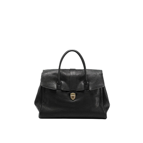 Cowhide Leather Briefcase Tote Bag Handbag Flap Top Multi Pocket Metal Trim Black XL