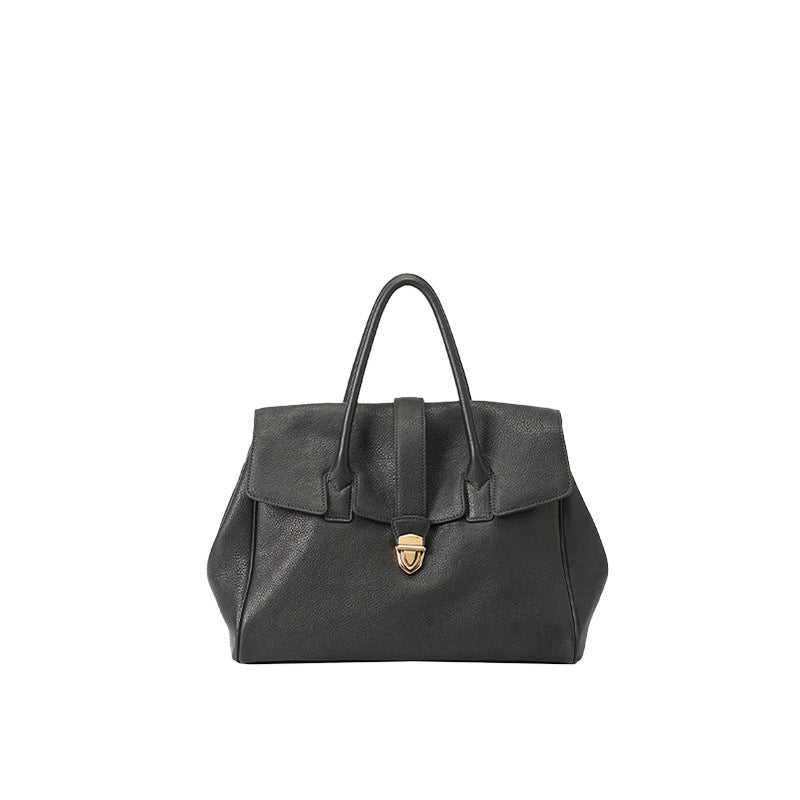 Cowhide Leather Briefcase Tote Bag Handbag Flap Top Multi Pocket Metal Trim Black