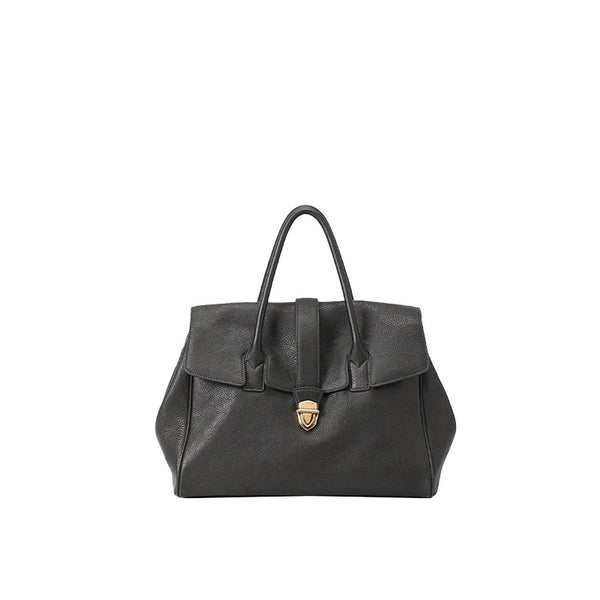 Cowhide Leather Briefcase Tote Bag Handbag Flap Top Multi Pocket Metal Trim Black