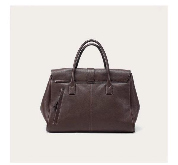 Cowhide Leather Briefcase Tote Bag Handbag Flap Top Multi Pocket Metal Trim Black