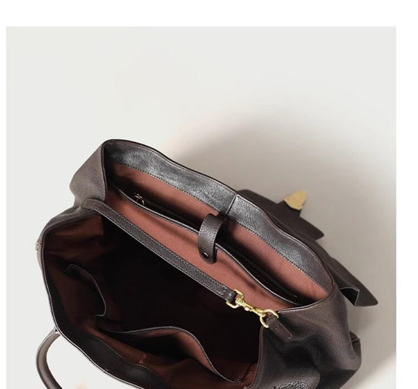 Cowhide Leather Briefcase Tote Bag Handbag Flap Top Multi Pocket Metal Trim Black