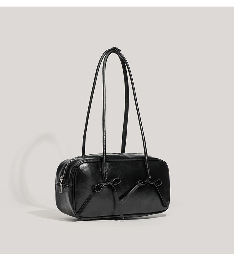 Faux PU Leather Baguette Underarm Shoulder Bag Handbag Bow Accent Black