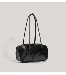 Faux PU Leather Baguette Underarm Shoulder Bag Handbag Bow Accent Black