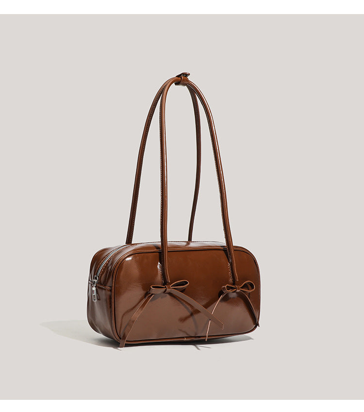 Faux PU Leather Baguette Underarm Shoulder Bag Handbag Bow Accent Coffee