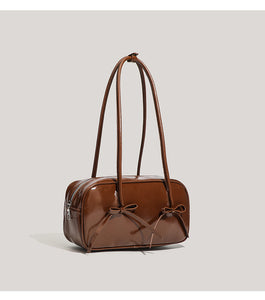Faux PU Leather Baguette Underarm Shoulder Bag Handbag Bow Accent Coffee