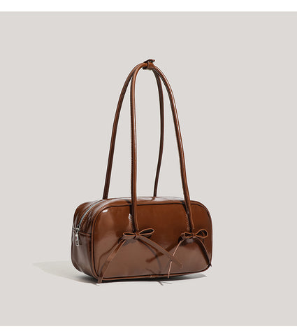 Faux PU Leather Baguette Underarm Shoulder Bag Handbag Bow Accent Coffee