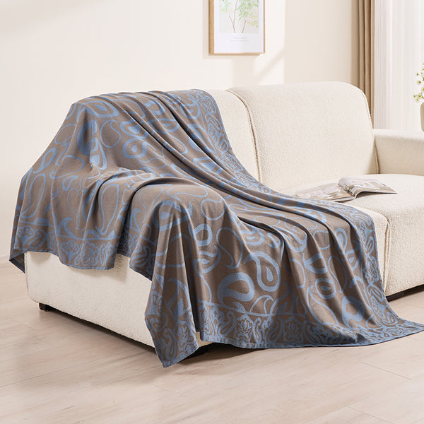 Swirl Scroll Jacquard Patterned Throw Blanket Rug 185 x 135cm Brown Blue