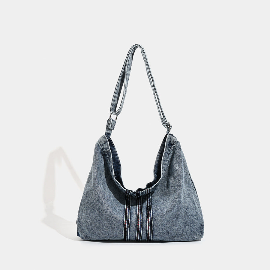 Washed Denim Hobo Slouch Shoulder Crossbody Bag Handbag Stitch Detail Blue