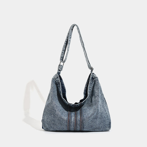 Washed Denim Hobo Slouch Shoulder Crossbody Bag Handbag Stitch Detail Blue