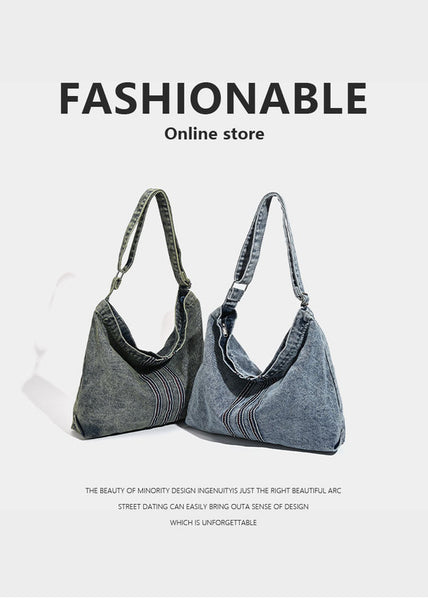 Washed Denim Hobo Slouch Shoulder Crossbody Bag Handbag Stitch Detail Blue