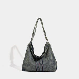 Washed Denim Hobo Slouch Shoulder Crossbody Bag Handbag Stitch Detail Grey