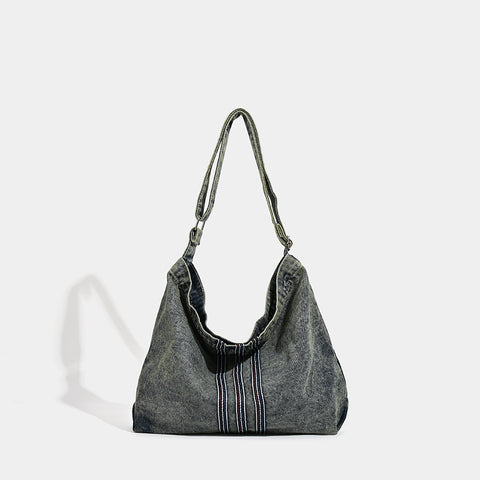 Washed Denim Hobo Slouch Shoulder Crossbody Bag Handbag Stitch Detail Grey