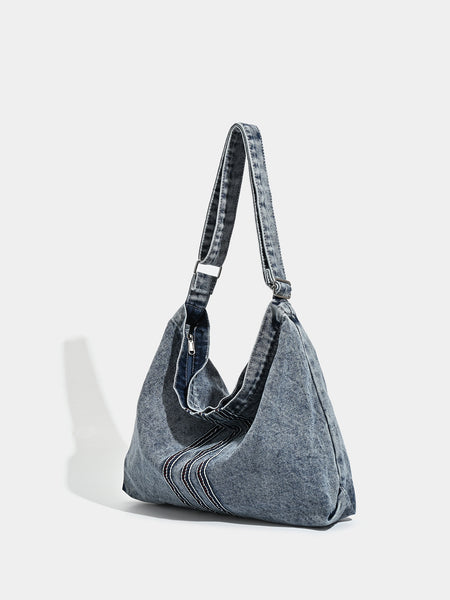 Washed Denim Hobo Slouch Shoulder Crossbody Bag Handbag Stitch Detail Grey