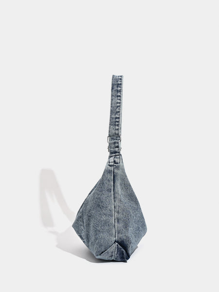 Washed Denim Hobo Slouch Shoulder Crossbody Bag Handbag Stitch Detail Grey