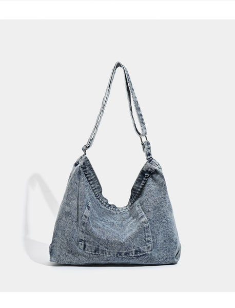 Washed Denim Hobo Slouch Shoulder Crossbody Bag Handbag Stitch Detail Grey