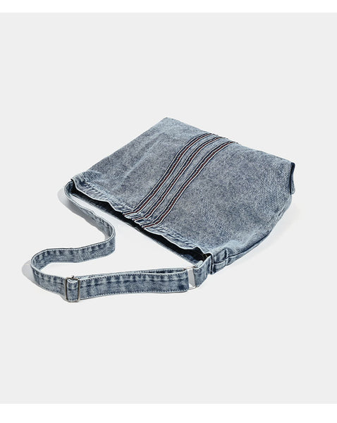 Washed Denim Hobo Slouch Shoulder Crossbody Bag Handbag Stitch Detail Grey
