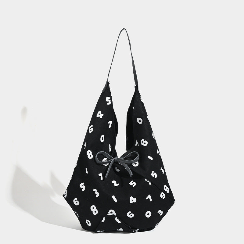 Number Print Polyester Canvas Hobo Tote Slouch Shoulder Bag Black White