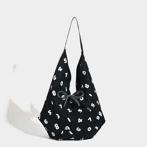 Number Print Polyester Canvas Hobo Tote Slouch Shoulder Bag Black White
