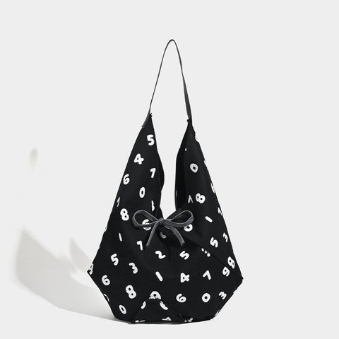 Number Print Polyester Canvas Hobo Tote Slouch Shoulder Bag Black White