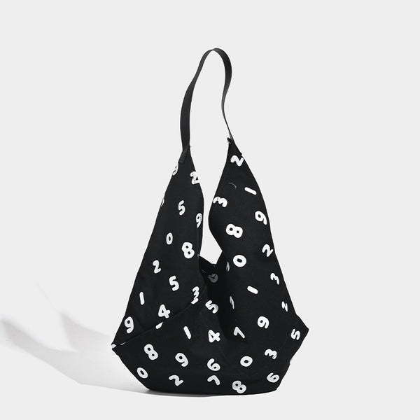Number Print Polyester Canvas Hobo Tote Slouch Shoulder Bag Black White