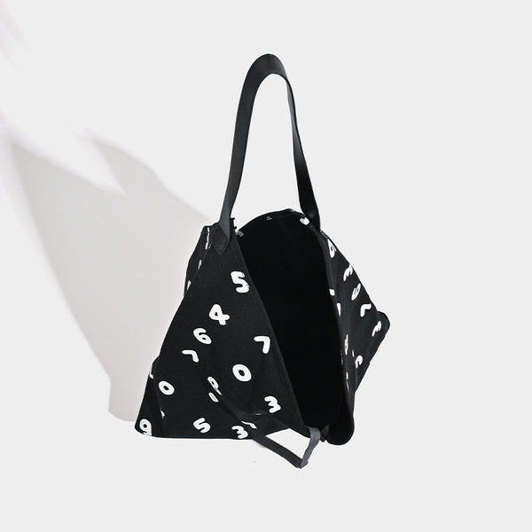 Number Print Polyester Canvas Hobo Tote Slouch Shoulder Bag Black White